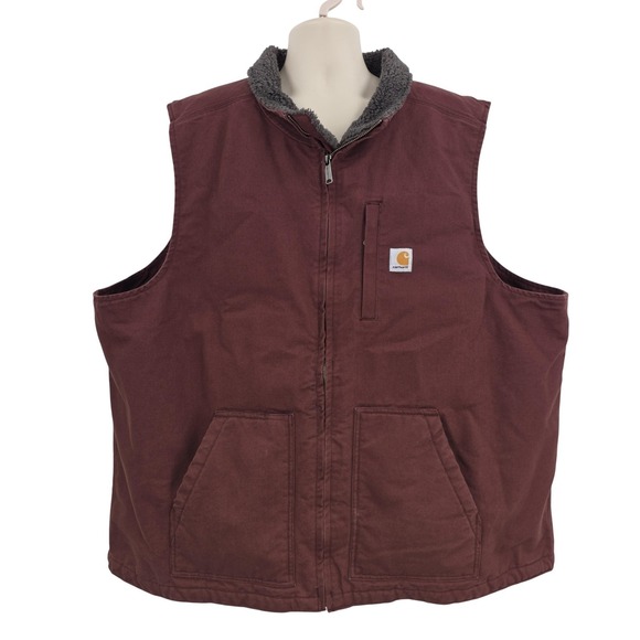 Carhartt Vest Men 3XLT Burgundy Canvas Sherpa Lined Zip Workwear Loose Outdoor
